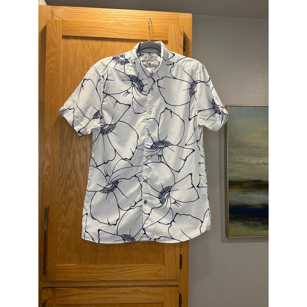 Ted Baker London Mens White Navy Short Sleeve Button Down Shirt Size 3 Med